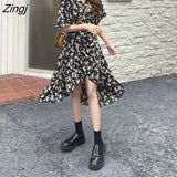 Sleeve Dress Women Retro French Empire Floral Temperament Charm V-Neck Irregular Design Sundress Classy Ladies