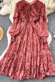 Autumn Women Lace Midi Dress Vintage Round Neck Lantern Long Sleeve High Waist A-Line Elegant Party Robe New Fashion