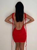 Spaghetti Strap Elegant Draped Mini Dress for Women Outfit Summer Sleeveless Backless Sexy Party Club Dresses