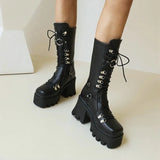 Autumn And Winter Women's Boots Black Patent Leather Boots Women's Belt Buckle Pine Cake Thick Bottom With Locomotive Boots Women's High