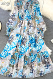 Vintage Women Floral Chiffon Midi Dress Elegant Ruffle Stand Collar Lantern Long Sleeve High Waist Big Swing Draped