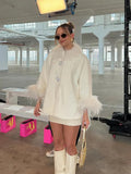 Feather Collar Cape Rhinestone Buttoned Coat-Outfit