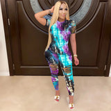 Women Tie Dye Sports Clothing Sets Lady Pullover Short Sleeve O Neck T Shirt Top + High Waist Knee Length
