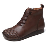 Time 138] National Wind Leather Hand-Woven Flat Bottom Short Boots Cow Skin Boots Soft Bottom Women's Cotton
