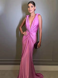 Pink Satin Deep Neck Pleated Maxi Dress- Outfit