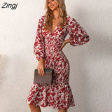 PETAL Plunge Neck Midi Dress For Woman Red Floral Sexy Long Sleeve Bodycon Smocked Dress 2023 Summer Female