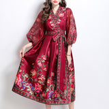 Retro Cross-Lace With Waist V-Neck Yarn Lantern Sleeves Thin Temperament Print
