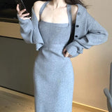 Piece Set Women Autumn 2021 Korean Slim Knitted Cardigan Coat+sexy Bodycon Strap Dress Office Lady Sashes Casual Sweater