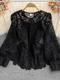 Vintage Red/White/Pink Hollow Out Lace Blouse Women Elegant Lantern Long Sleeve Single Breasted Tops Female Blusas