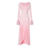 Pink Long Sleeve Ruffle Flare Maxi Dress-Outfit