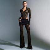 Zingj Sexy Lace Stitching Deep V Long Sleeve Top Slim See-Through High Waist Bell Bottoms Women's