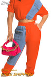 Workout Jean Patchwork Women Two 2 Piece Set Outfits Sweatsuit 2023 Summer Tee and Jogger Pants Matching Set