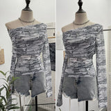 Vintage Tie-Dye-Print Mesh Folded Long-Sleeved T-Shirt With A Word-Collar Slanted Shoulder-To-Back Short Top