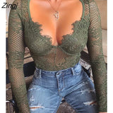 Spring Autumn Women Fashion Elegant Solid Fit Sexy Bodysuits Eyelash Lace Hollow Out Bodysuit Mesh Bodysuit
