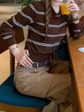 Cocoa Design Small Gentle Brown Striped Knitted Polo Shirt Girl Early Autumn Collo Long-Sleeved