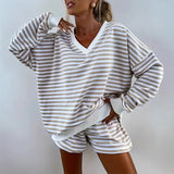 And Winter New Ladies Casual Striped Suit Long-Sleeved V-Neck Loose Top Sports Shorts Two-Set