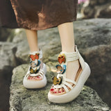 Layer Of Cow Skin Art Retro Sandals Women 2025 Summer New Bump Flower Cake Thick Bottom Roman