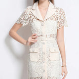 Luxury Gold High-End Feeling Short-Sleeved Dress Women's Summer Hollow Hook Flower Embroidery Suit Collar Temperament Cum