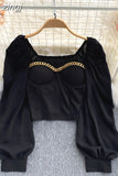 Women Black/White Blouse Sexy Square Collar Lantern Long Sleeve Short Tops Female Elegant Party Shirt Blusas 2023