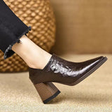 Brown 2025 New Spring And Autumn Square Wood Grain Thick Heel Deep Mouth Single Shoes Women's Side Zipper Work High