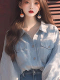 Niche Design Blouse Hannese Age-Lowish Slim Super-Good Looking Blue Cowboy Splicing