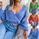 Wind Real Autumn And Winter Color Cross V Neck Lantern Sleeve Open Umbilly Sweater Women's