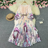 Zingj New Women's Dress Oversized Skirt Print Pleated Waist Lace Holiday