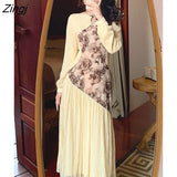Patchwork Vintage Dress Women Casual Korean Evening Party Fairy Dress 2022 Summer Long Sleeve Designer Retro Midi