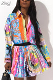 Pieces Set Sexy Autumn Fashion Women Set 2023 Female Tops Floral Print Long Sleeve Shirt Elastic Waist Mini