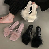 Niche High-Heeled Shoes Fur Slippers Women Wear 2025 New Summer Fairy Wind Clip Toe Black Cool