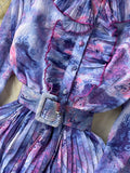 Autumn Bohemian Tie Dye Pleated Long Dress Women Elegant Stand Collar Ruffle Single Breasted Lantern Sleeve Draped