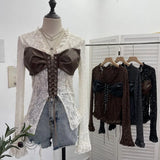 Shooting V Tie With Retro 2025 New Hottie Sexy Lace Splicing Pu Leather Hollow Shirt Top