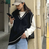 Women Simple All-match Patchwork Korean Style V-neck Knitted Trendy Womens Leisure Students Sleeveless Female Vintage