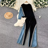 Zingj Version Of Casual Sports Suit Female Autumn Design Sense Loose And Versatile Round Collar Hoodie High Waist Jeans Splicing