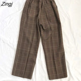 Plaid Harem Pants Women Korean Style High Waist Loose Trousers Office Lady Elegant Straight Wide Leg Pants Suits