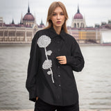 Spring New Fashion Temperament Stand Collar Heavy Industry Water Diamond Flowers Inlaid Loose Show Thin Women's Long Sleeve