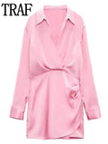 Pink Satin Dress Woman Wrap Short Dresses For Women 2023 Long Sleeve Mini White Dress Lady Fashion Elegant Party