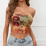 Women's Flower-Print Mesh Blouse Sexy Body Cross Hanging Neck Sling Vest
