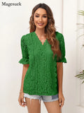 Hollow Out Lace Blouse Shirts Women Summer 2023 V Neck Short Flare Sleeve Blouse Ladies Top Solid Sexy Boho Blusas