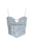 Women's Summer Chain Strap Crop Top Sexy Y2k Casual Chic Vintage Off Shoulder Hollow Out Sequins Blue Tank Top Vest Korean