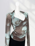 Zingj Purple Hot Girl Top Design Feeling Dizzy Dye V-Neck Long-Sleeve T-Shirt Female Summer Waist Show Thin Mesh Sunscreen