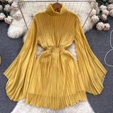 Zingj Of Pleated Horn Sleeve High Collar Dress Female Spring And Summer French Light Luxury Minority Design Sense Of Waist Chiffon