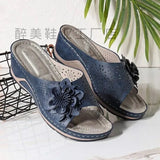 Slopes And Slippers Wearing Women's Summer Leisure Round Head Hollow Pure Color Flowers Decorated Lazy