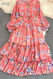 Vintage Floral Chiffon Long Dress Elegant O-Neck Puff Sleeve High Waist A-Line Ruffle Hem Vacation Beach Maxi