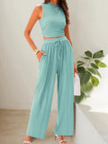 Summer Knitting Casual Suit Sleeveless Round Collar Short Repair Body Broad Leg Pants Two