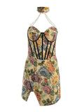 Floral Mini Dress Corsets Chain Halter Backless Dress Women Sexy Sleeveless Summer 2022 Streetwear Chic Party