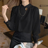 Women's Shirts Solid Satin Blouses for Women Chain Asymmetric Blouse Women Long Sleeve Top White O-neck Female 2023 Basic