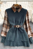 Winter Knitted Vest Two 2 Piece Set Women Long Sleeve Plaid Shirt Sleeveless Sweater Tops Suits Womens Shirts Sets