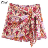 Women Totem Floral Print Hot Bermuda Shorts Ladies Chic Side Zipper Bow Tied Casual Shorts Skirts Pantalone Cortos