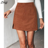 PETAL Faux Suede Mini Skirt For Woman Solid Brown Sexy Casual High Waist Bodycon Mini Skirt 2023 Spring Skirt